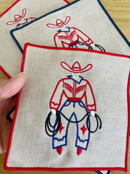 Cowboy Embroidered Linen Cocktail Napkins – Set of 4: Red hem
