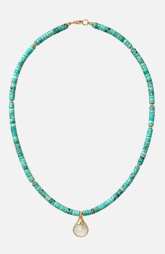 Turquoise beaded necklace with a gold clasp on a white background