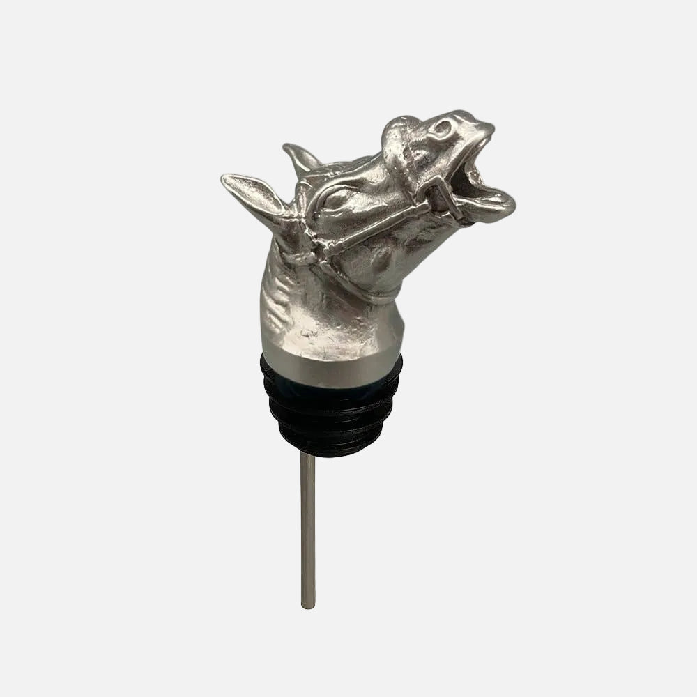 Silver horse head wine bottle stopper on a white background