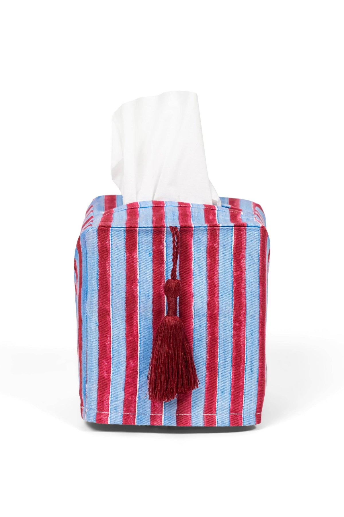 Stripes Blockprint Tissue Box Cover: Blue & Red