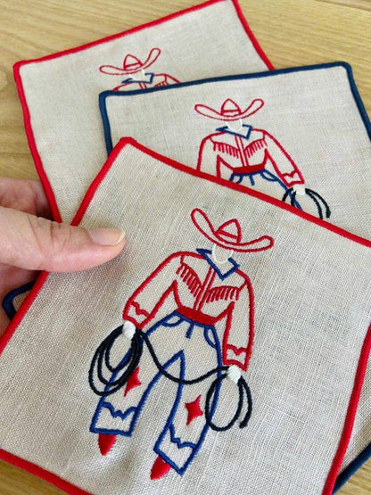 Cowboy Embroidered Linen Cocktail Napkins – Set of 4: Red hem