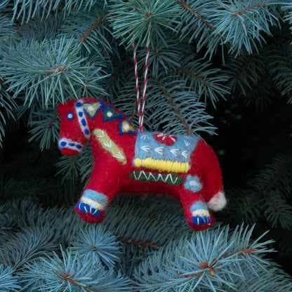 Ornament - Red Swedish Dala Horse, Hand Embroidered