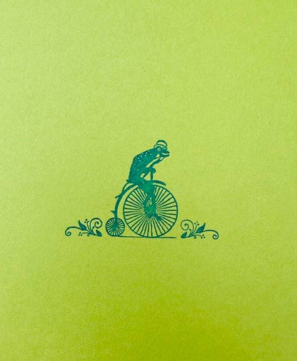 Letterpress Card- Frog on Bicycle- Blue on Green