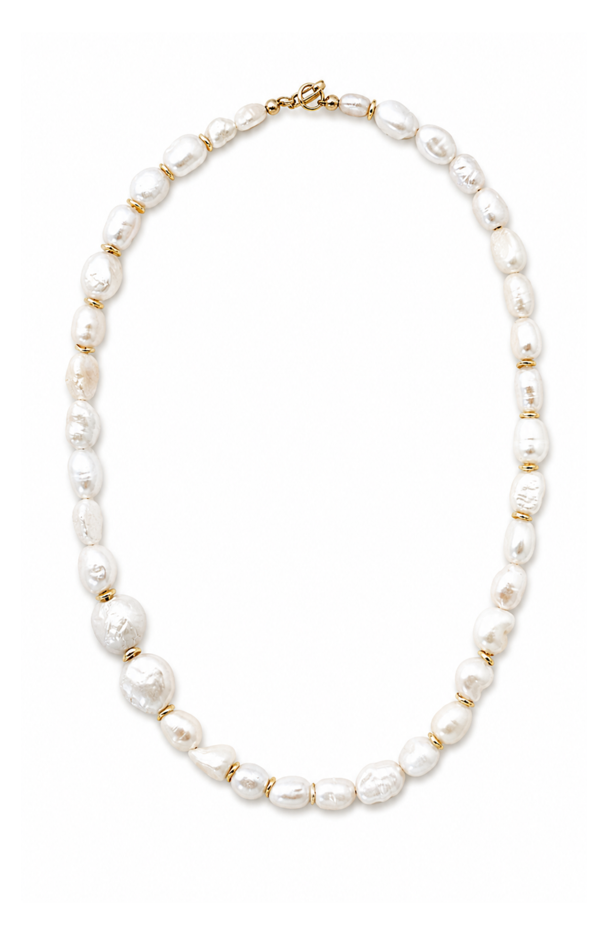 Pearl necklace with gold accents on a white background