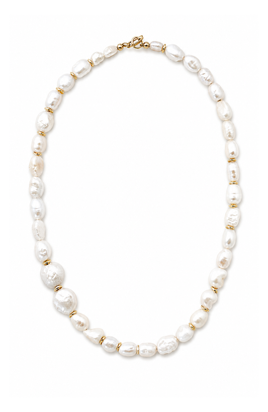 Pearl necklace with gold accents on a white background