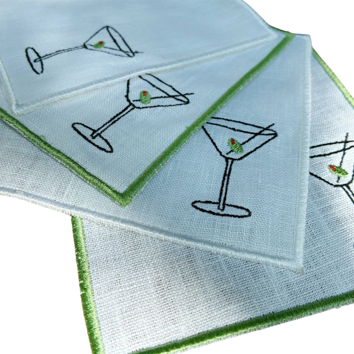 Martini Olive Embroidered Linen Cocktail Napkins - Set of 4: Green hem