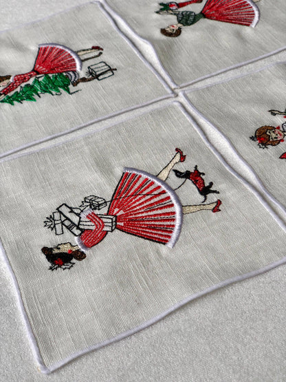 Vintage Retro Christmas Girl Linen Cocktail Napkins - 4 : Lady with dog