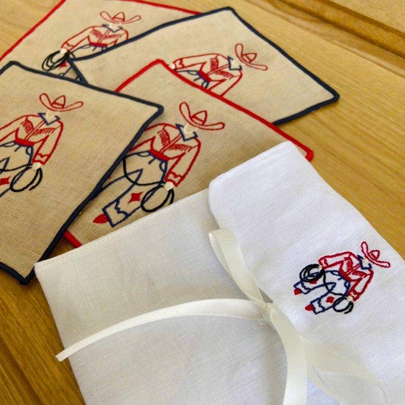Cowboy Embroidered Linen Cocktail Napkins – Set of 4: Red hem