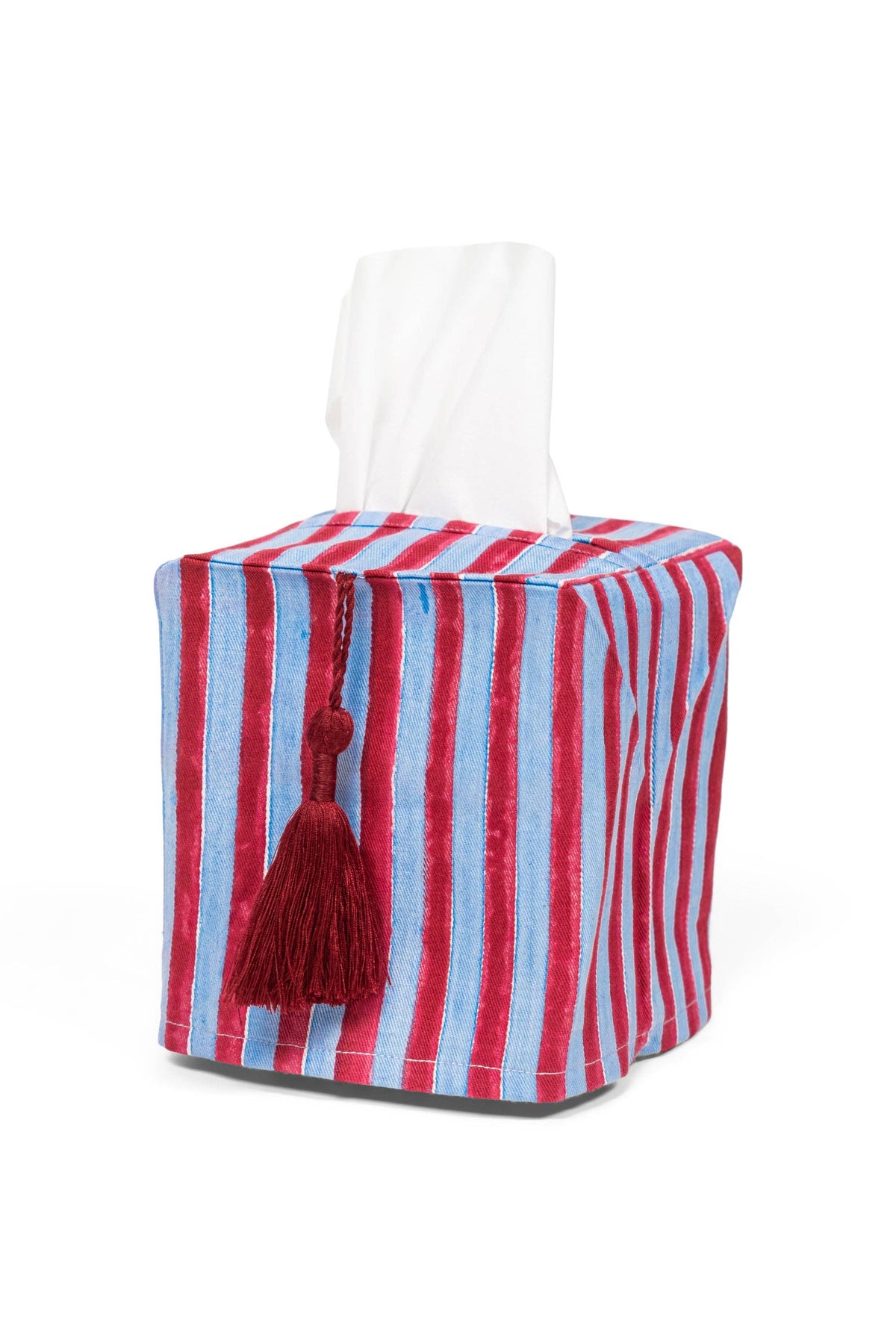 Stripes Blockprint Tissue Box Cover: Blue & Red