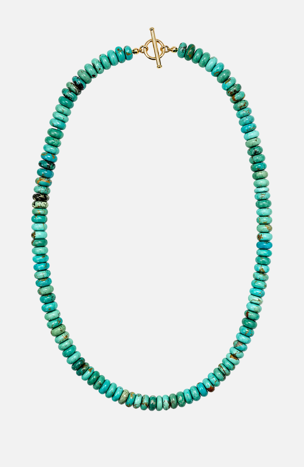 Turquoise beaded necklace with a gold clasp on a white background
