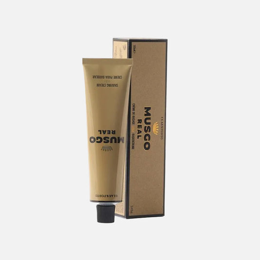 Musgo Real shaving cream tube and packaging on a white background