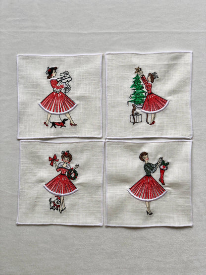 Vintage Retro Christmas Girl Linen Cocktail Napkins - 4 : Lady with dog