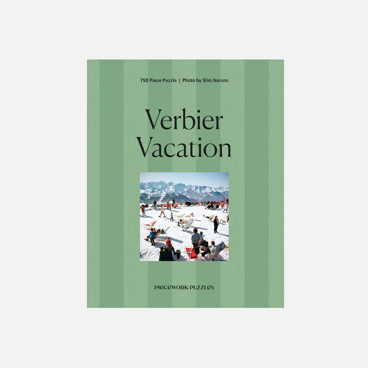Puzzle box titled 'Verbier Vacation' with a photo of people at a snowy resort on a green background.