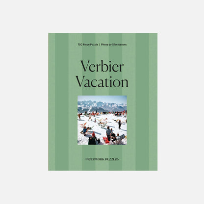 Puzzle box titled 'Verbier Vacation' with a photo of people at a snowy resort on a green background.