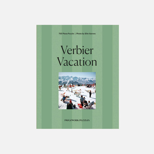 Puzzle box titled 'Verbier Vacation' with a photo of people at a snowy resort on a green background.