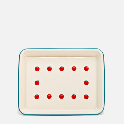 Dan Pelosi x CCH Tomato Enamelware Small Rectangle Tray: Turquoise Rim