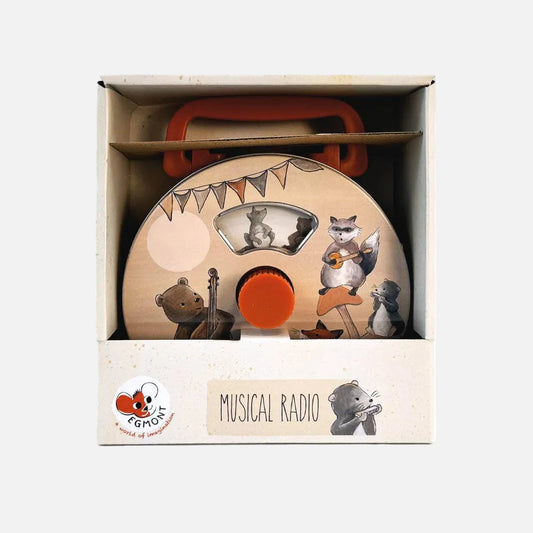 Wooden musical radio toy with animal illustrations in a box, brand 'Legler' visible.