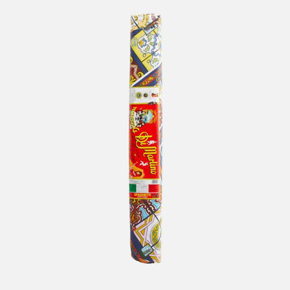 Colorful cylindrical product with decorative patterns on a white background