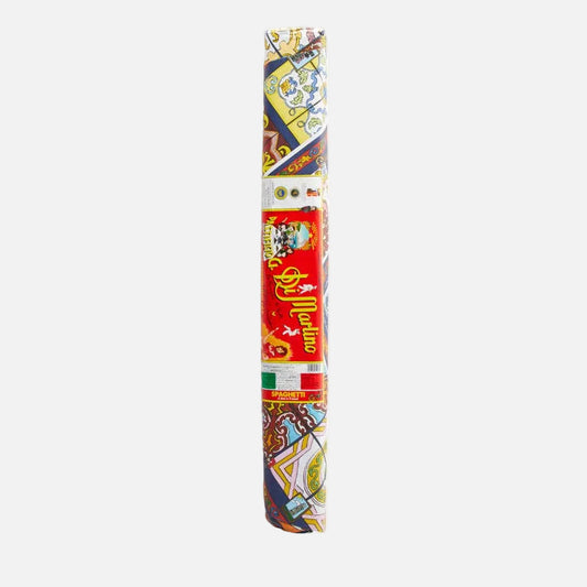 Colorful cylindrical product with decorative patterns on a white background