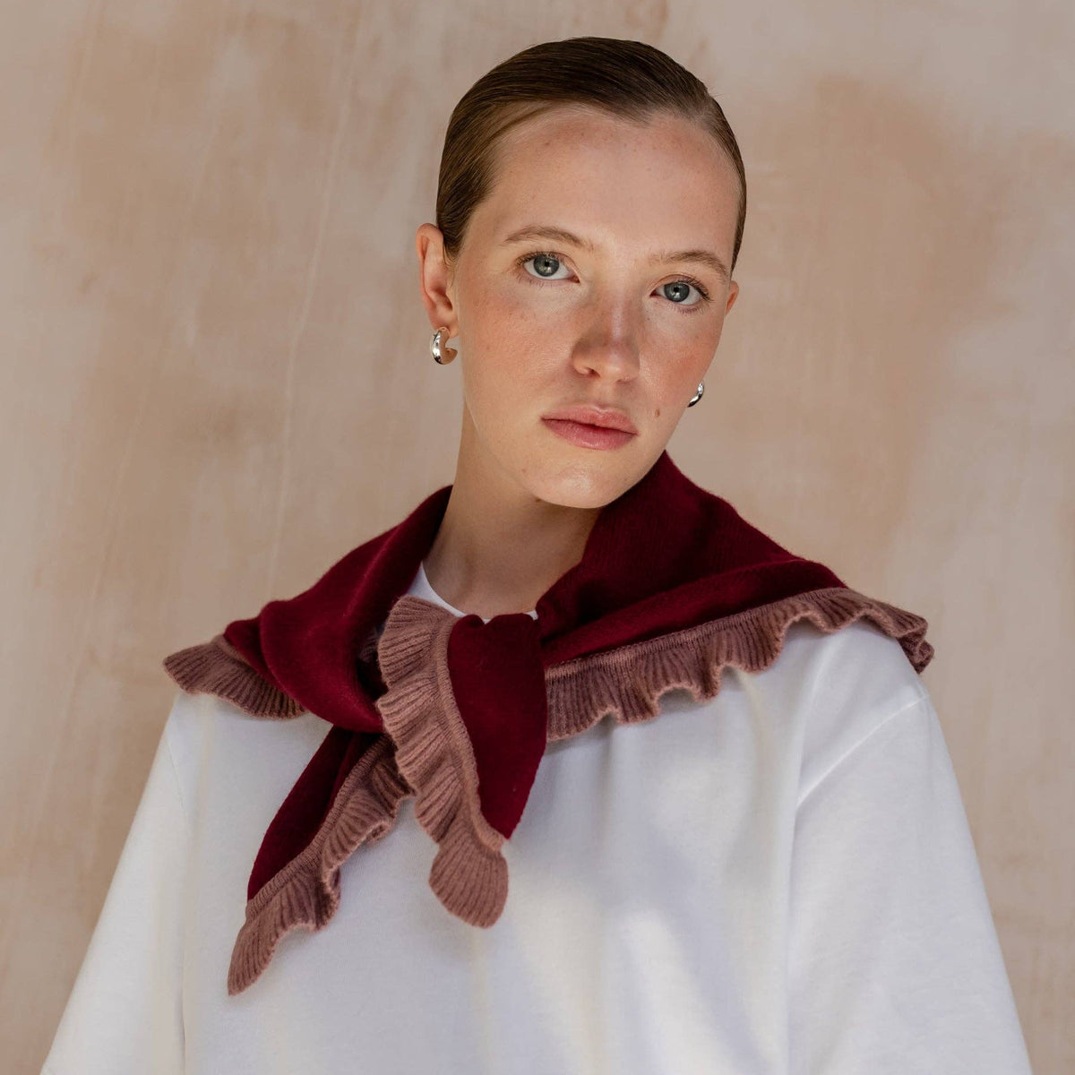 Merino Wool Triangle Scarf in Burgundy Ruffle