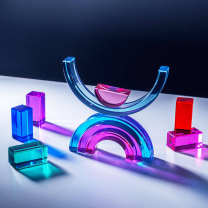 Colorful glass geometric shapes on a reflective surface with a dark background
