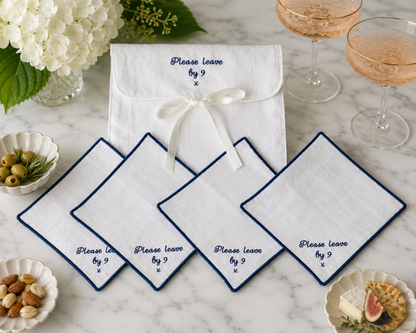 Please Leave By 9 Embroidered Linen Cocktail Napkins: 1. light blue