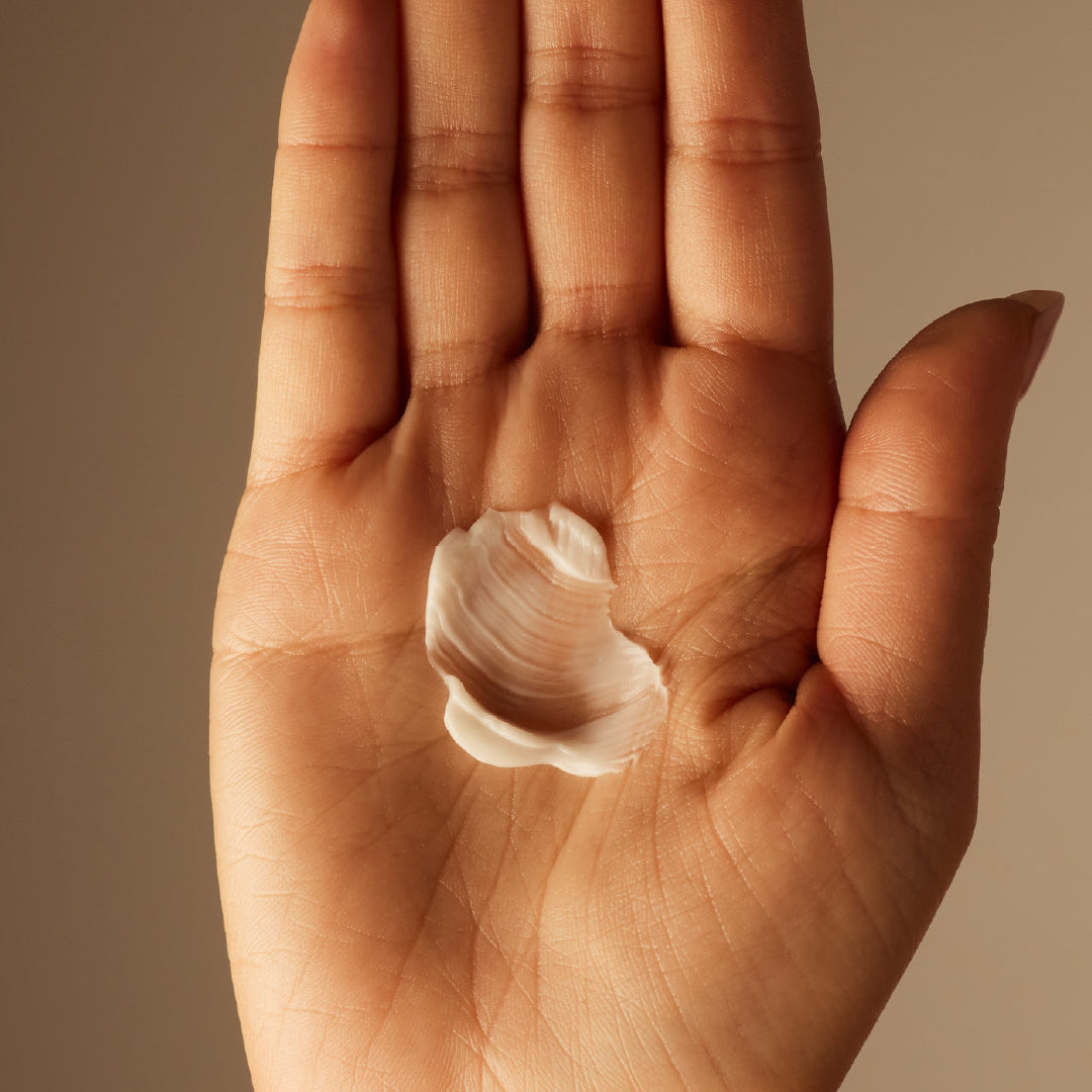 Hand holding a small shell against a brown background