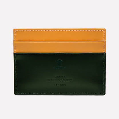 Two-tone green and yellow leather cardholder with 'Spencer London' branding on a white background