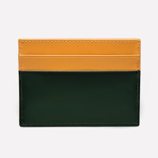Two-tone green and yellow cardholder on a white background