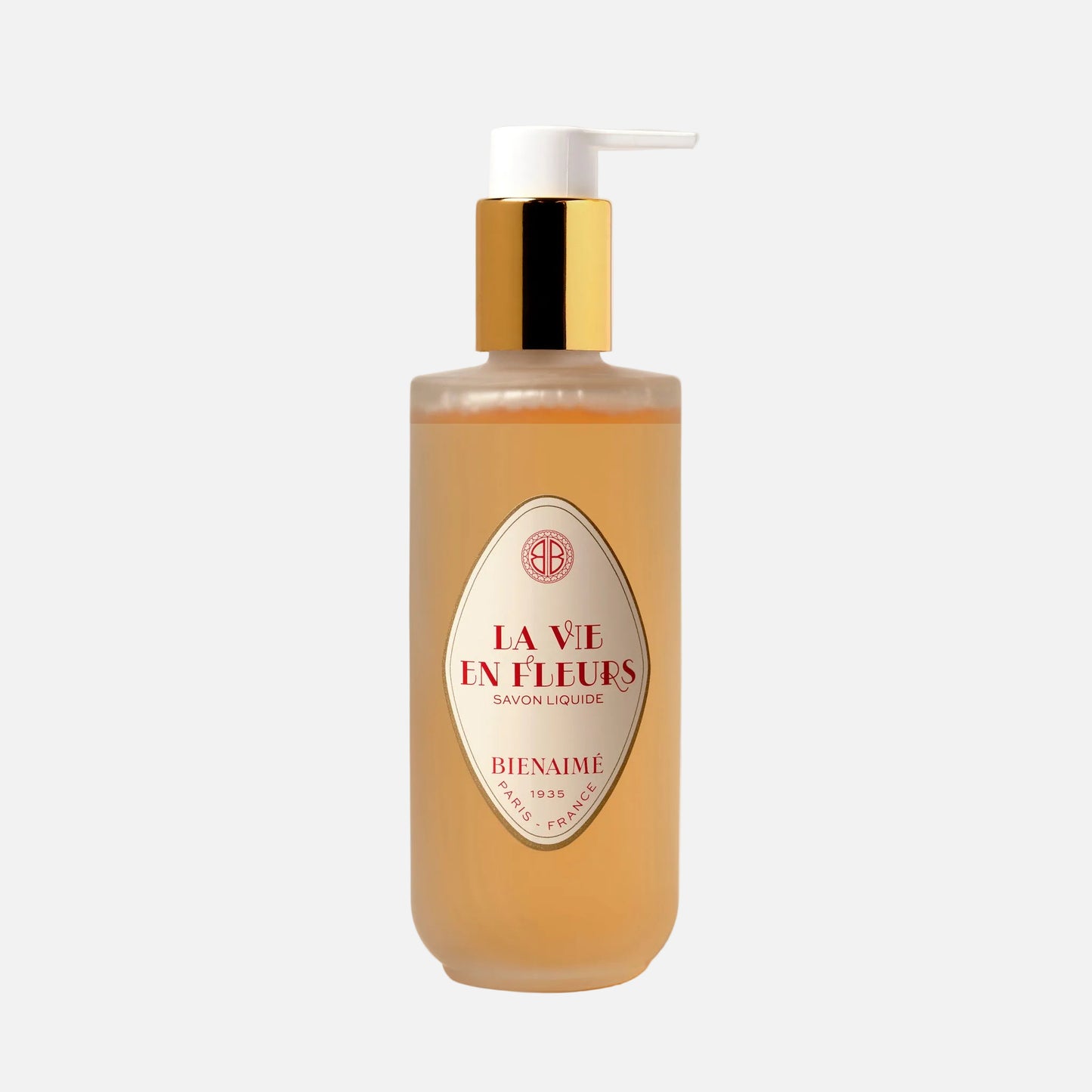 Bottle of 'La Vie en Fleurs' soap on a light background