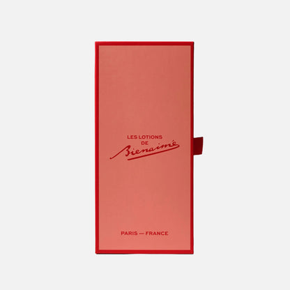 Red rectangular box with 'Les Lotions de Bienaimé' branding on a light gray background