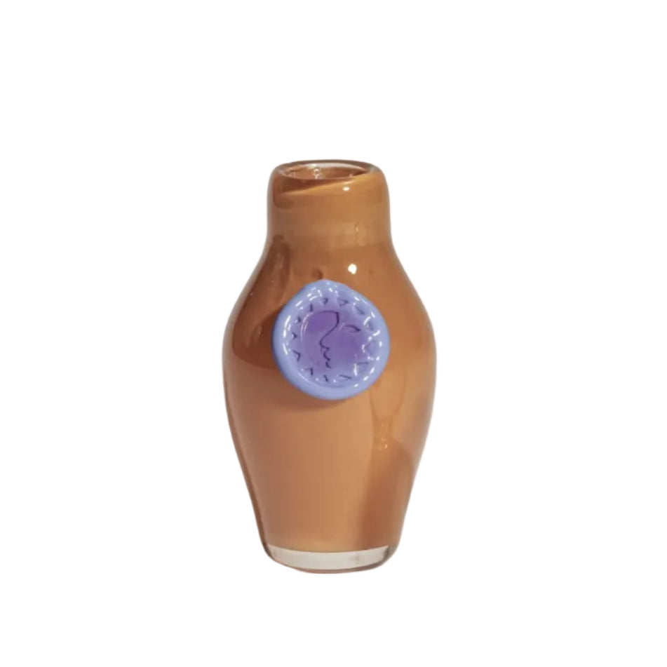 Small decorative vase with a brown body and purple accents on a white background