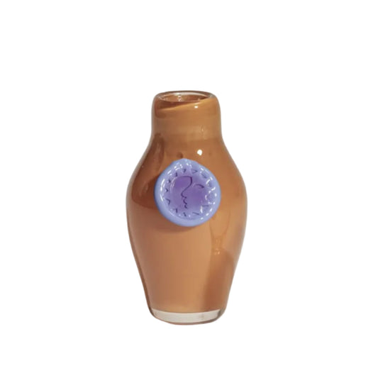 Small decorative vase with a brown body and purple accents on a white background