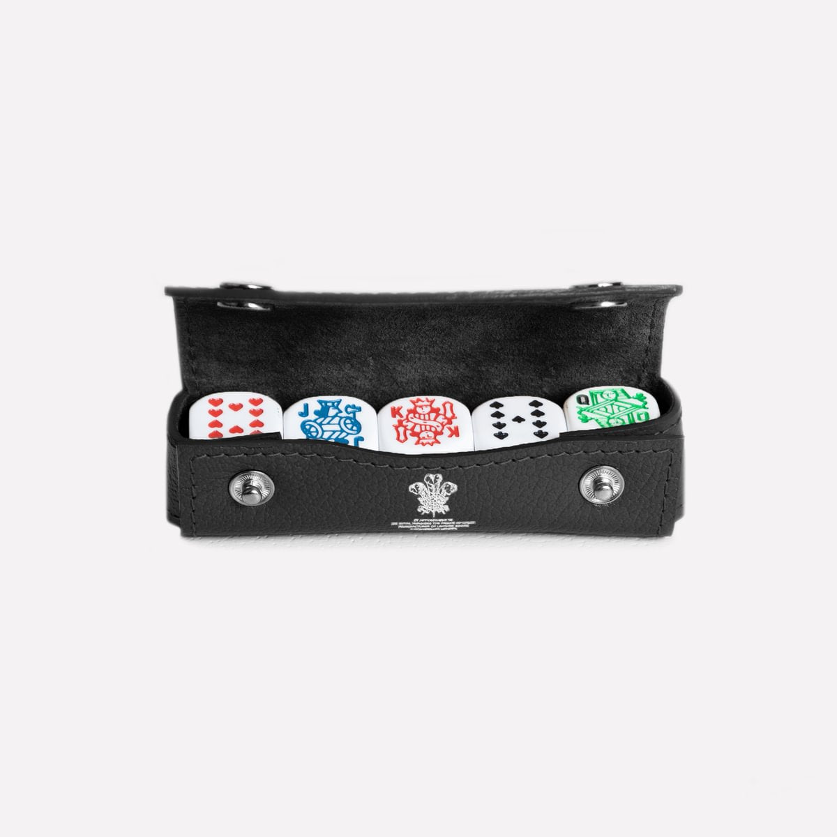 Black leather case with playing cards inside on a white background