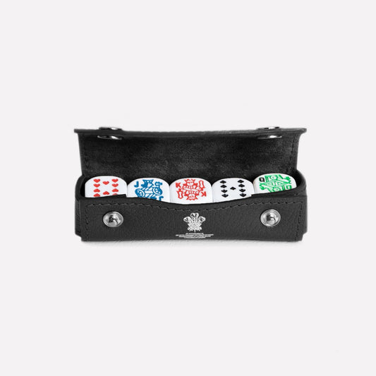 Black leather case with playing cards inside on a white background