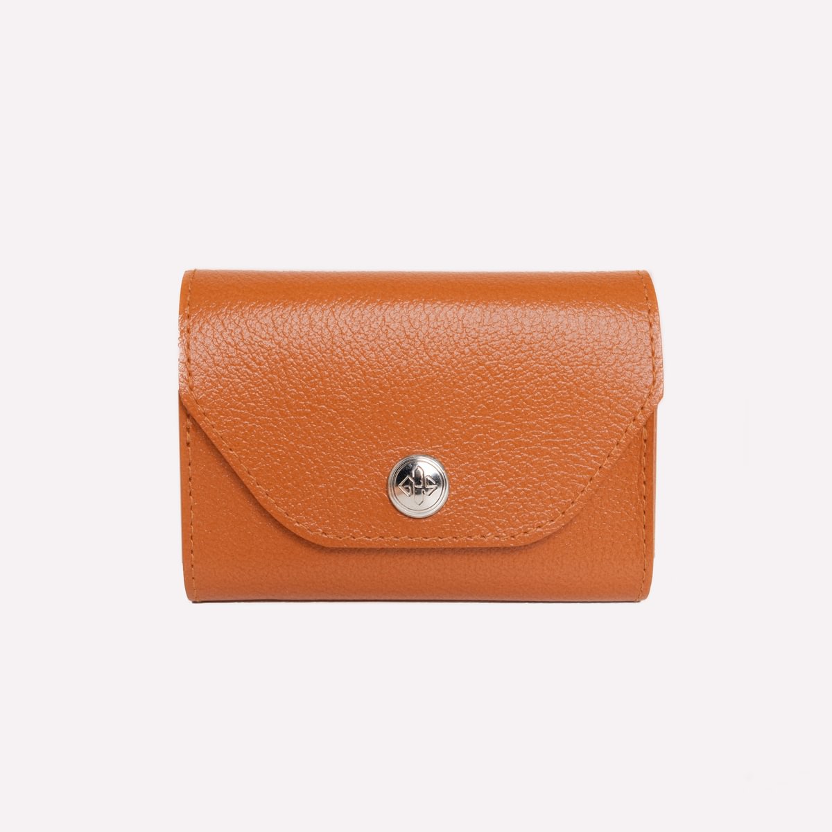 Brown leather wallet with a silver clasp on a white background