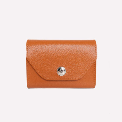 Brown leather wallet with a silver clasp on a white background