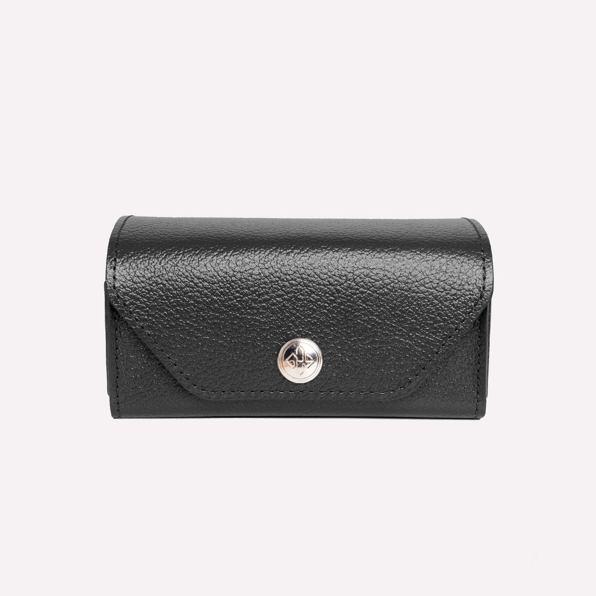 Black leather wallet with a gold button on a white background