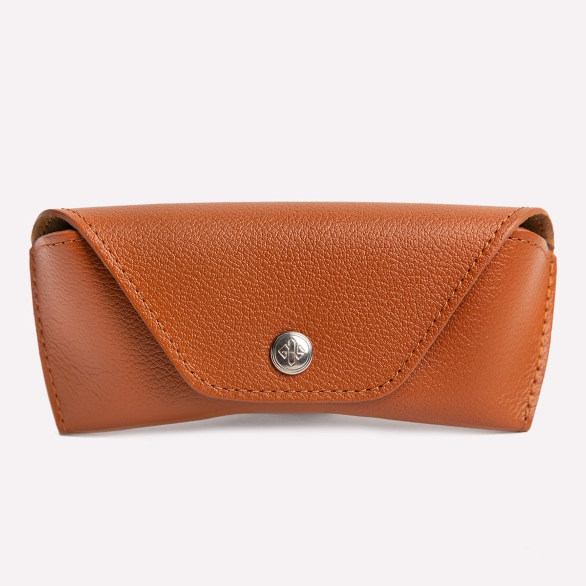 Brown leather sunglasses case with a silver button on a white background
