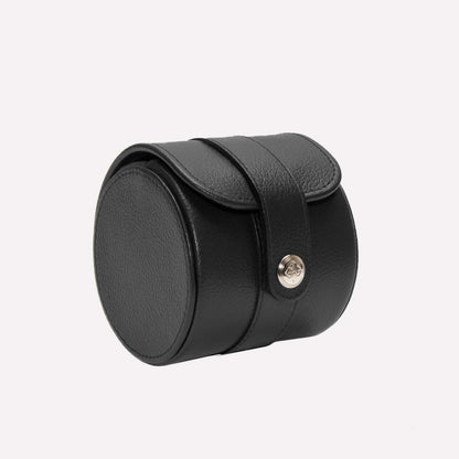 Black leather watch box with a strap on a white background