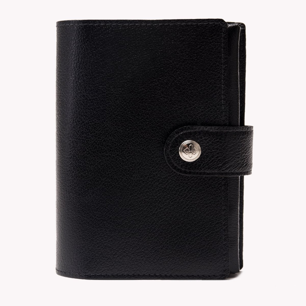 Black leather wallet with a silver button on a white background