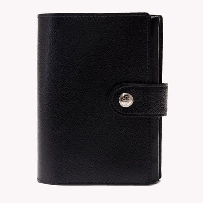 Black leather wallet with a silver button on a white background