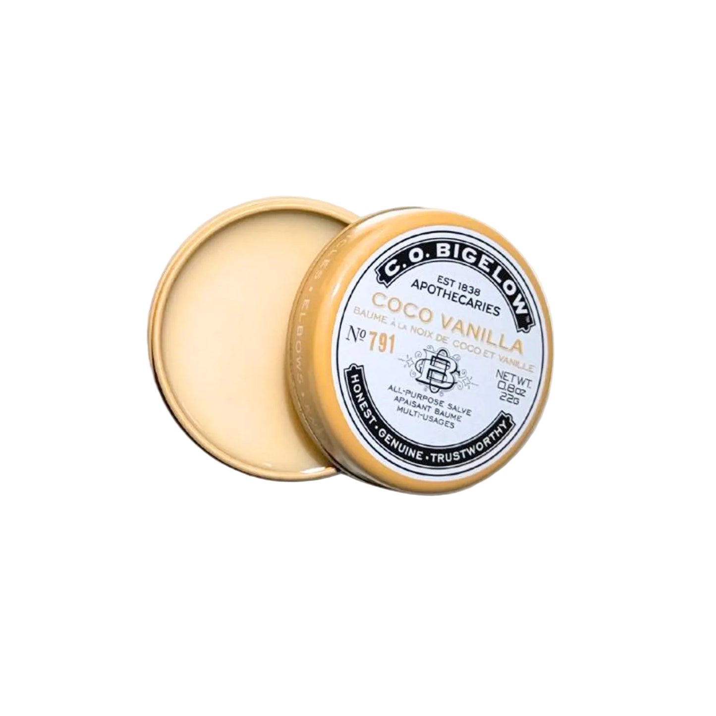 An open round metal tin of C. O.