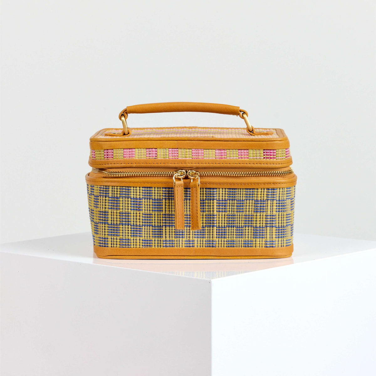 Freya Train Case - Blue Multi Rattan with Brown Leather