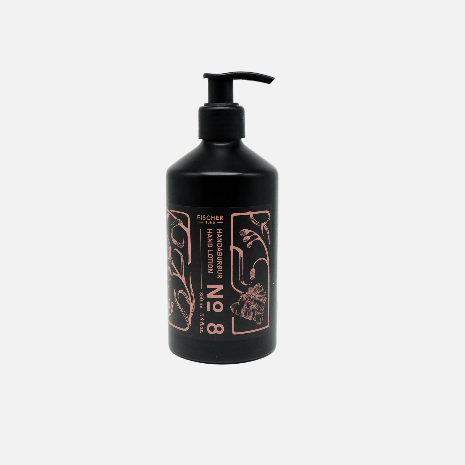 Black hand lotion bottle with pump on a white background