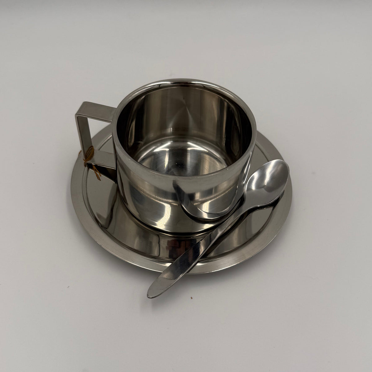 Italian Style Steel Latte Coffee Cup With Saucer & Spoon