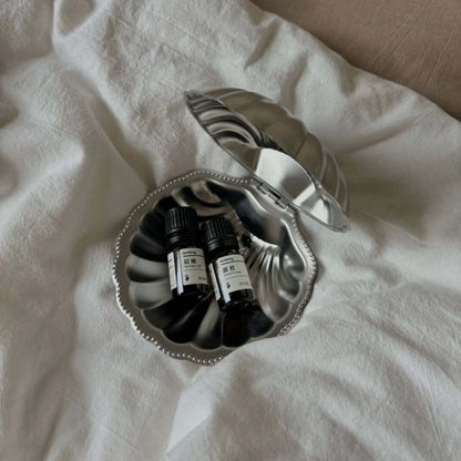 Vintage Metal Shell Box, open, holding small perfume bottles