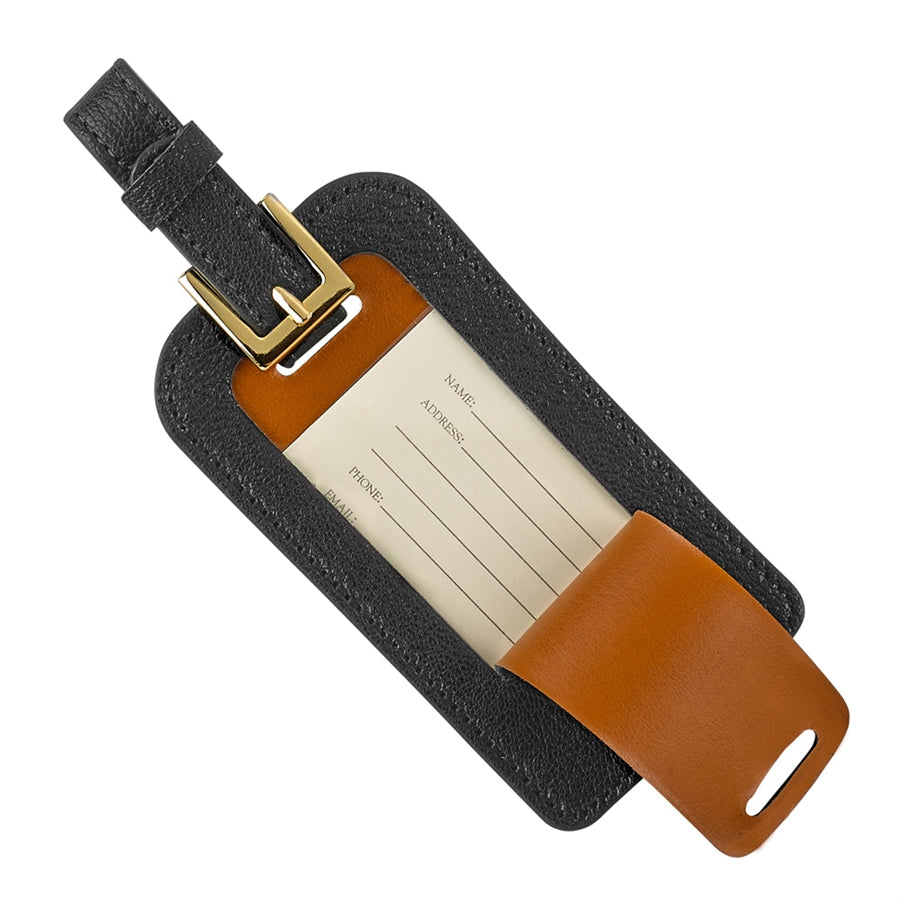 Black goatskin leather luggage tag