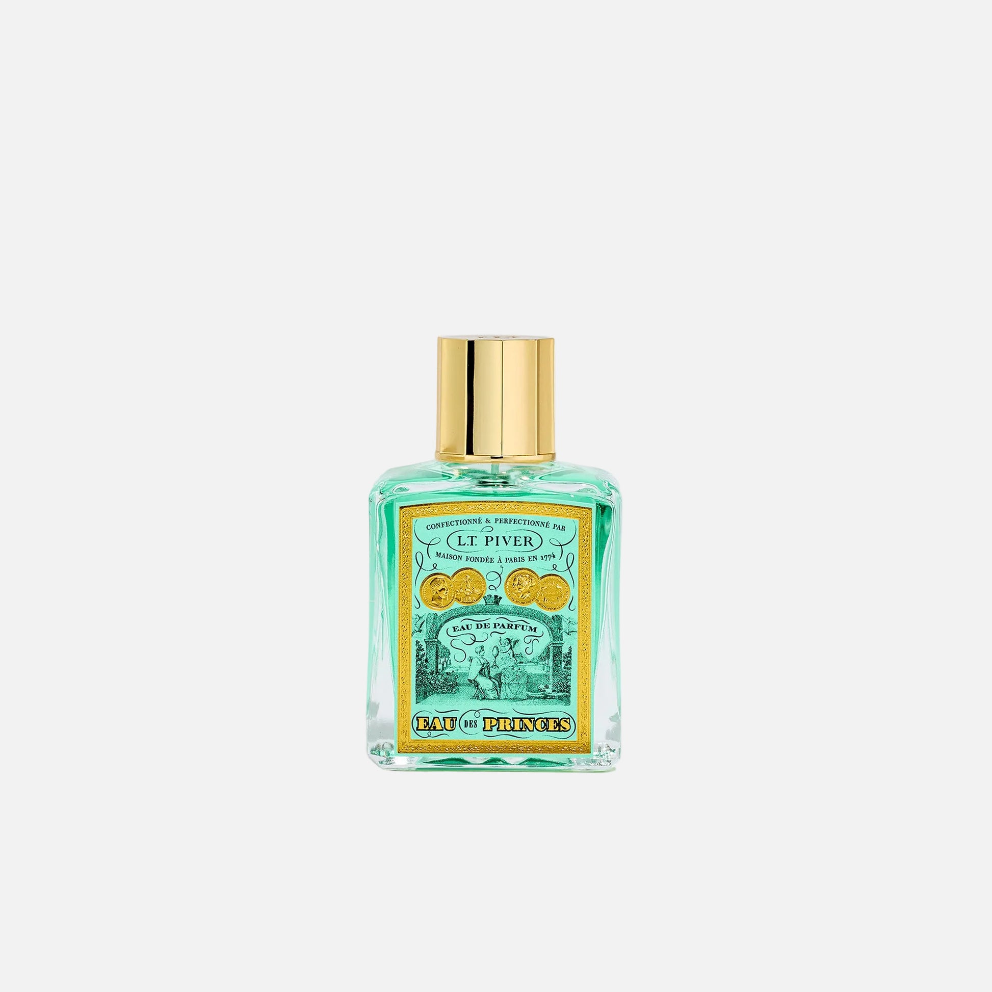 Perfume bottle with green label and gold cap on white background