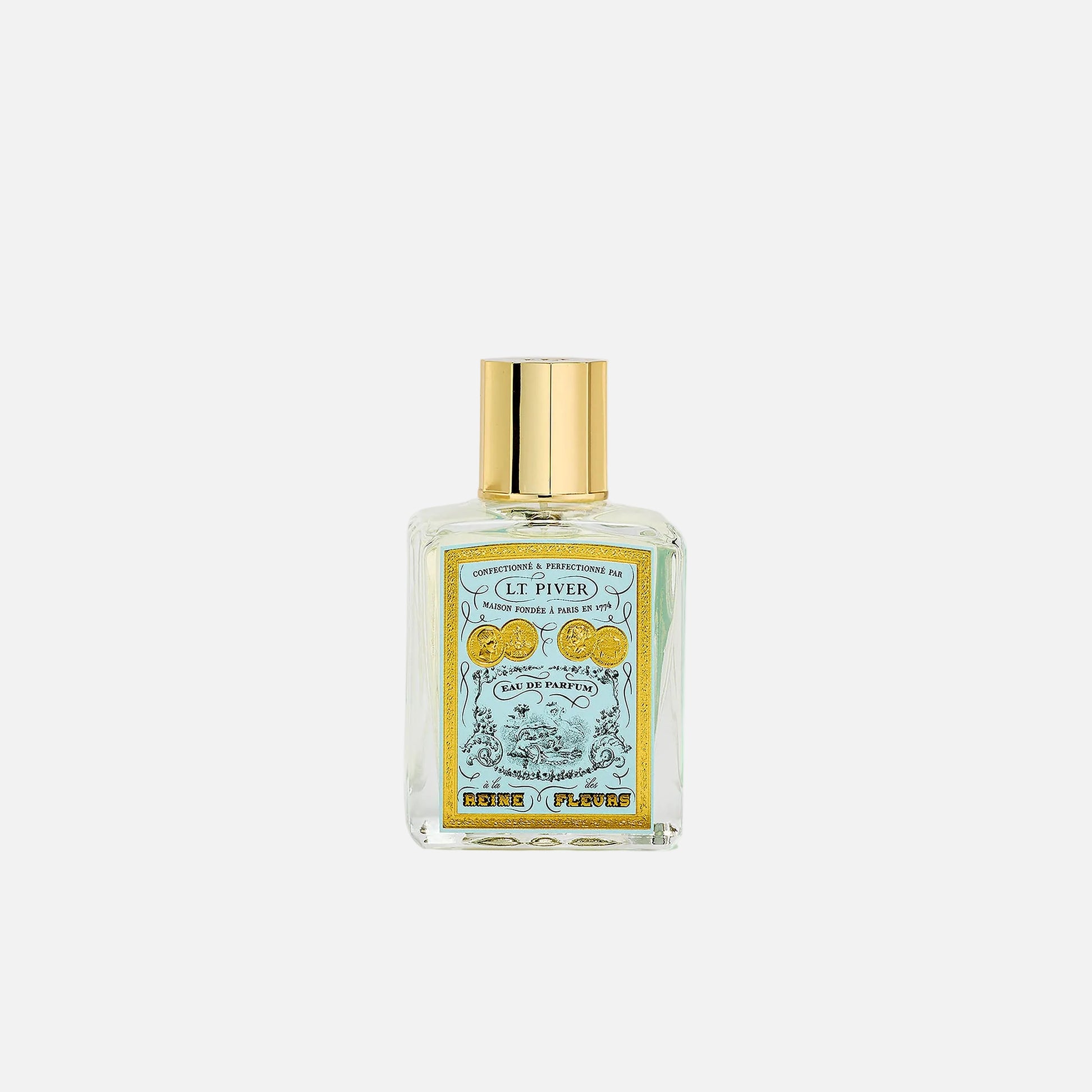 Perfume bottle with gold cap on a white background